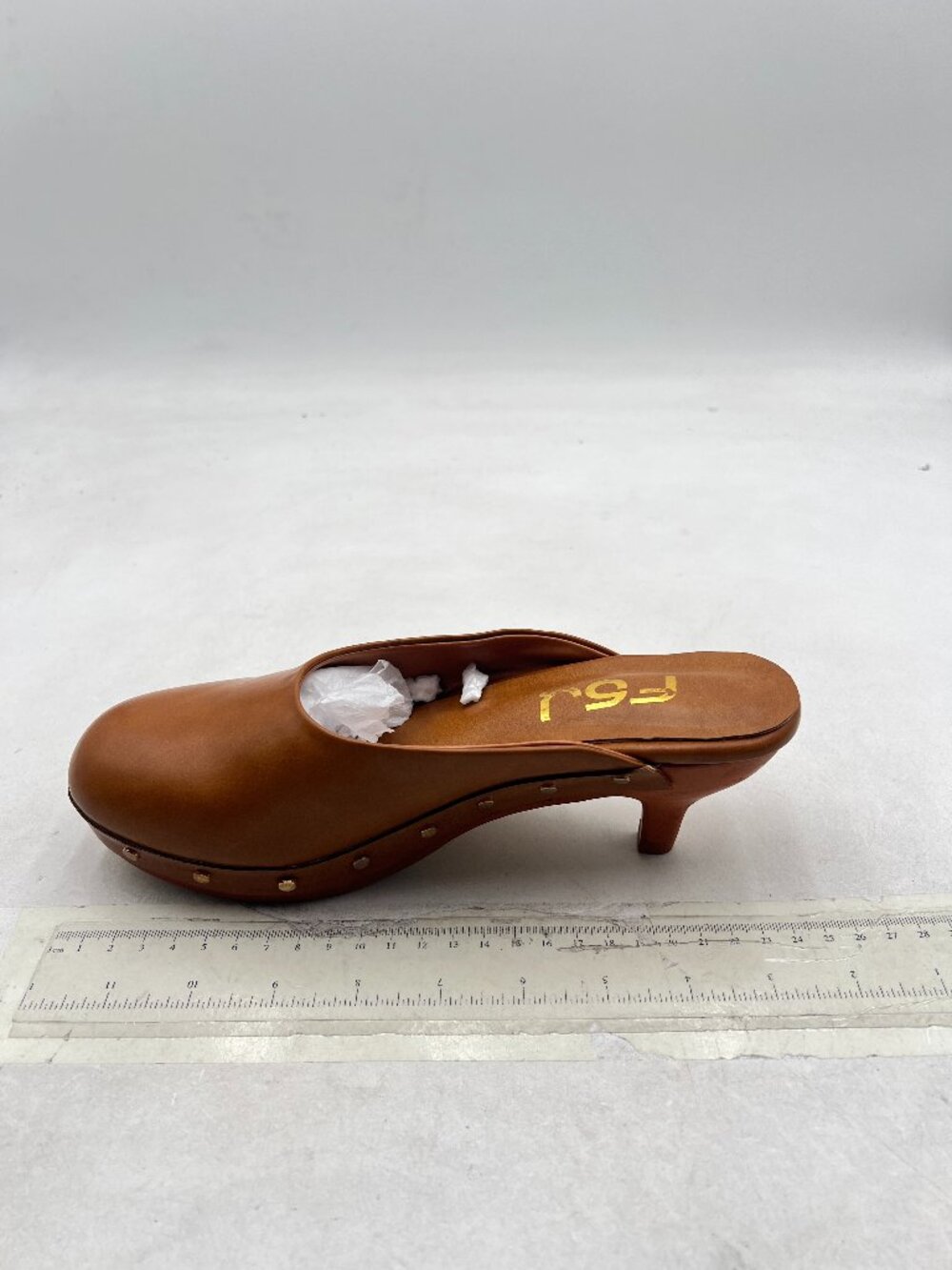 FSJ Brown Round Closed Toe Mules Wooden Kitten Heel Trendy Studded Slide Sandals